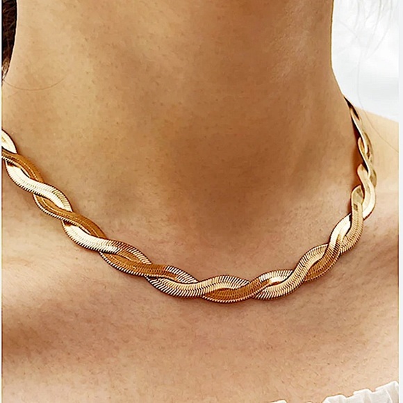 Twisted Gold Plated Herringbone Necklace - Picture 1 of 10